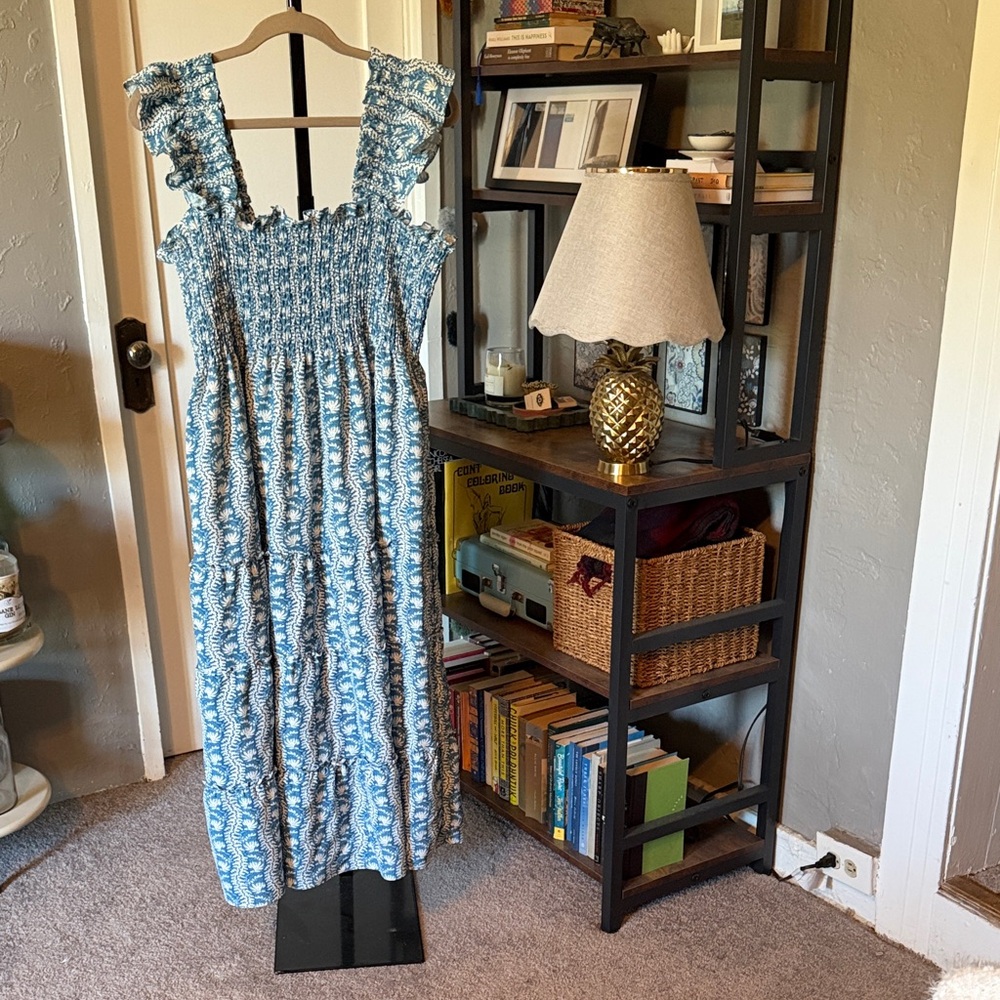 Hill House Ellie Blue and White Smocked Ruffle-Sleeve Nap Dress